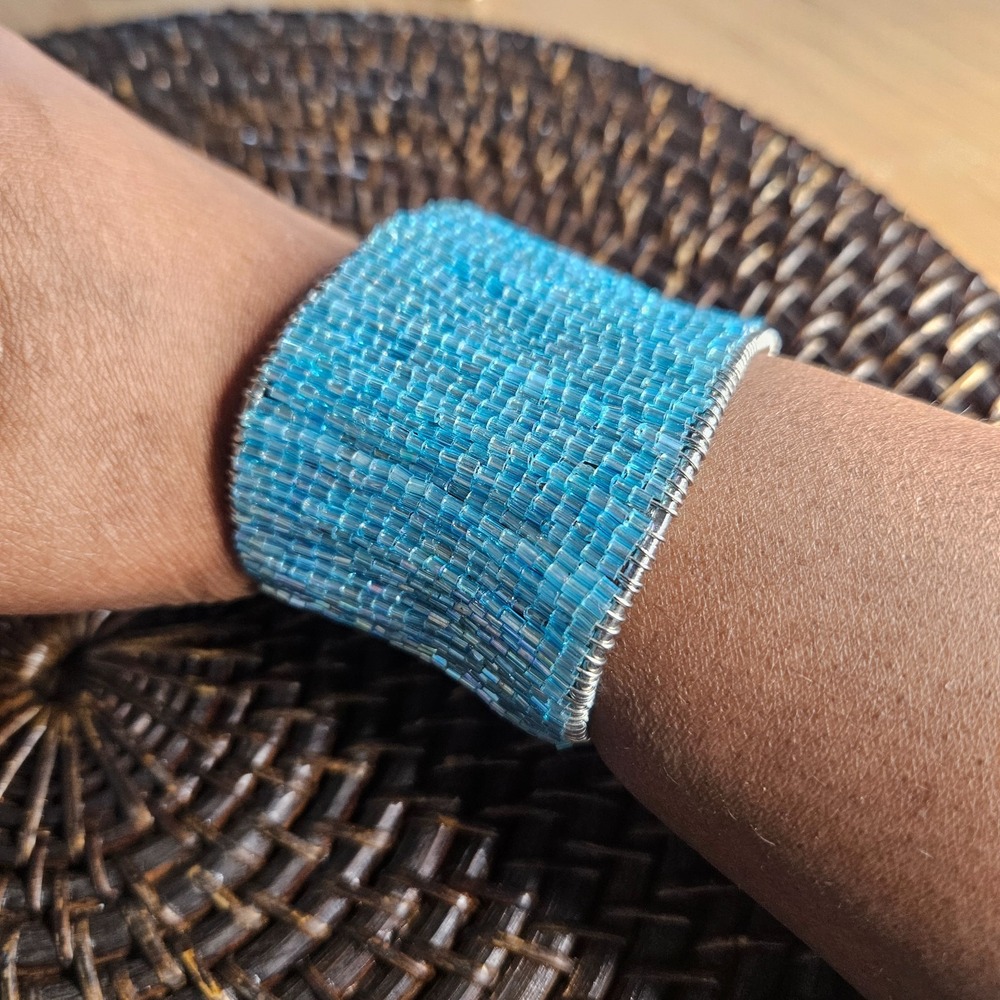 Seed‎ Bead Wrap Wire Cuff Bracelet Blue Wide Cuff Adjustable